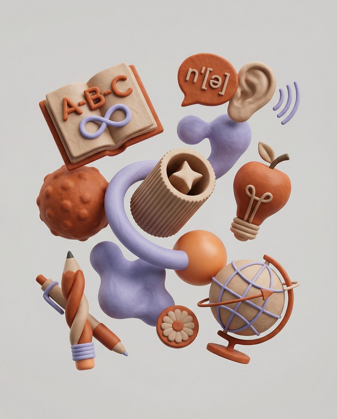 Книга с буквами ABC, глобус, карандаши и транскрипция — символы изучения английского алфавита для детей