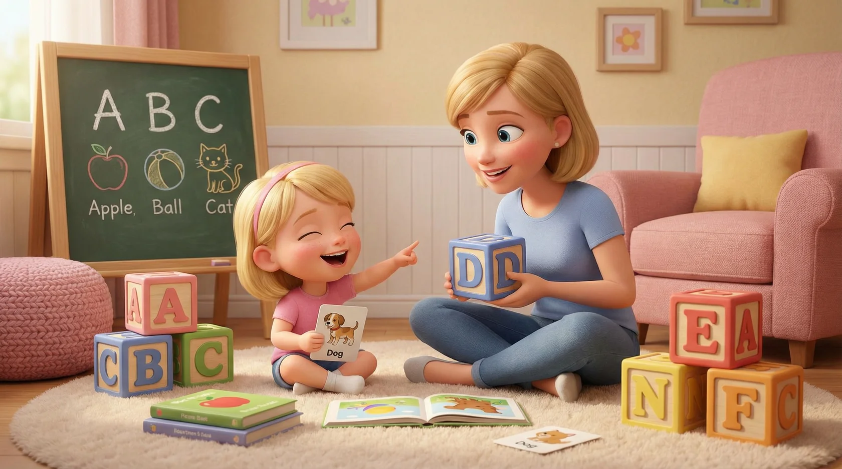 Мама учит ребёнка английским буквам с помощью кубиков и карточек с картинками — изучение алфавита дома